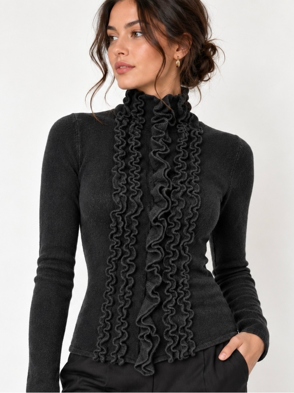 DKNY Black Ruffle Mock Neck Sweater XS Romantic Goth Fitted